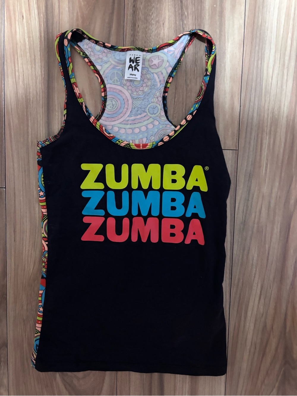 Zumba Fitness Black Tank with Neon Yellow, Blue & Red Logo